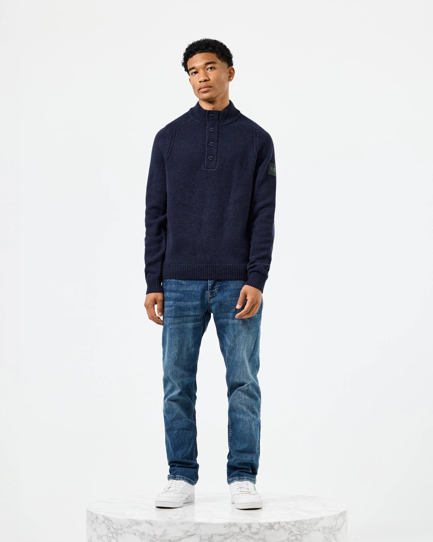 WEEKEND OFFENDER Castillos Knitted Wool Quarter Neck Sweater Navy