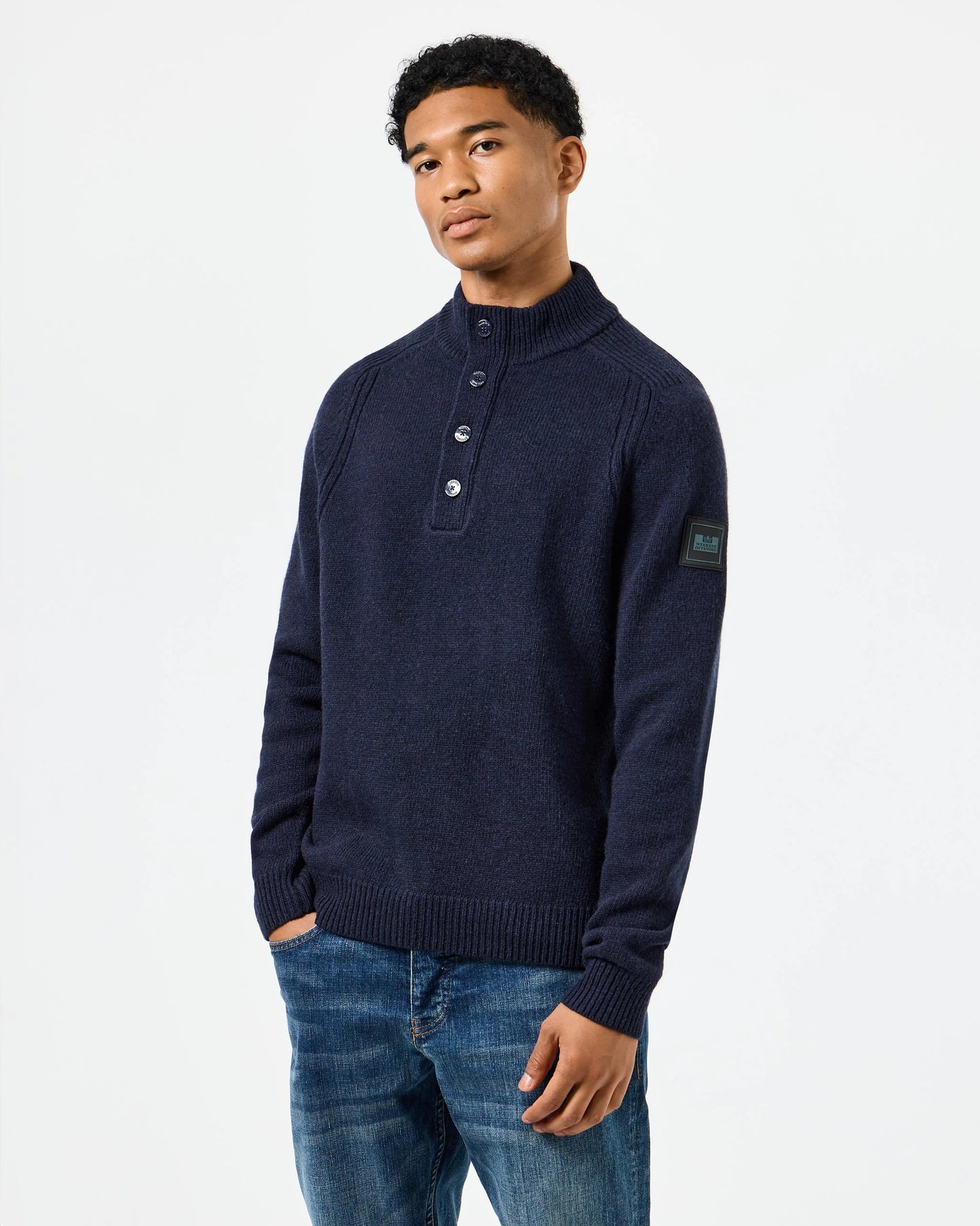 WEEKEND OFFENDER Castillos Knitted Wool Quarter Neck Sweater Navy